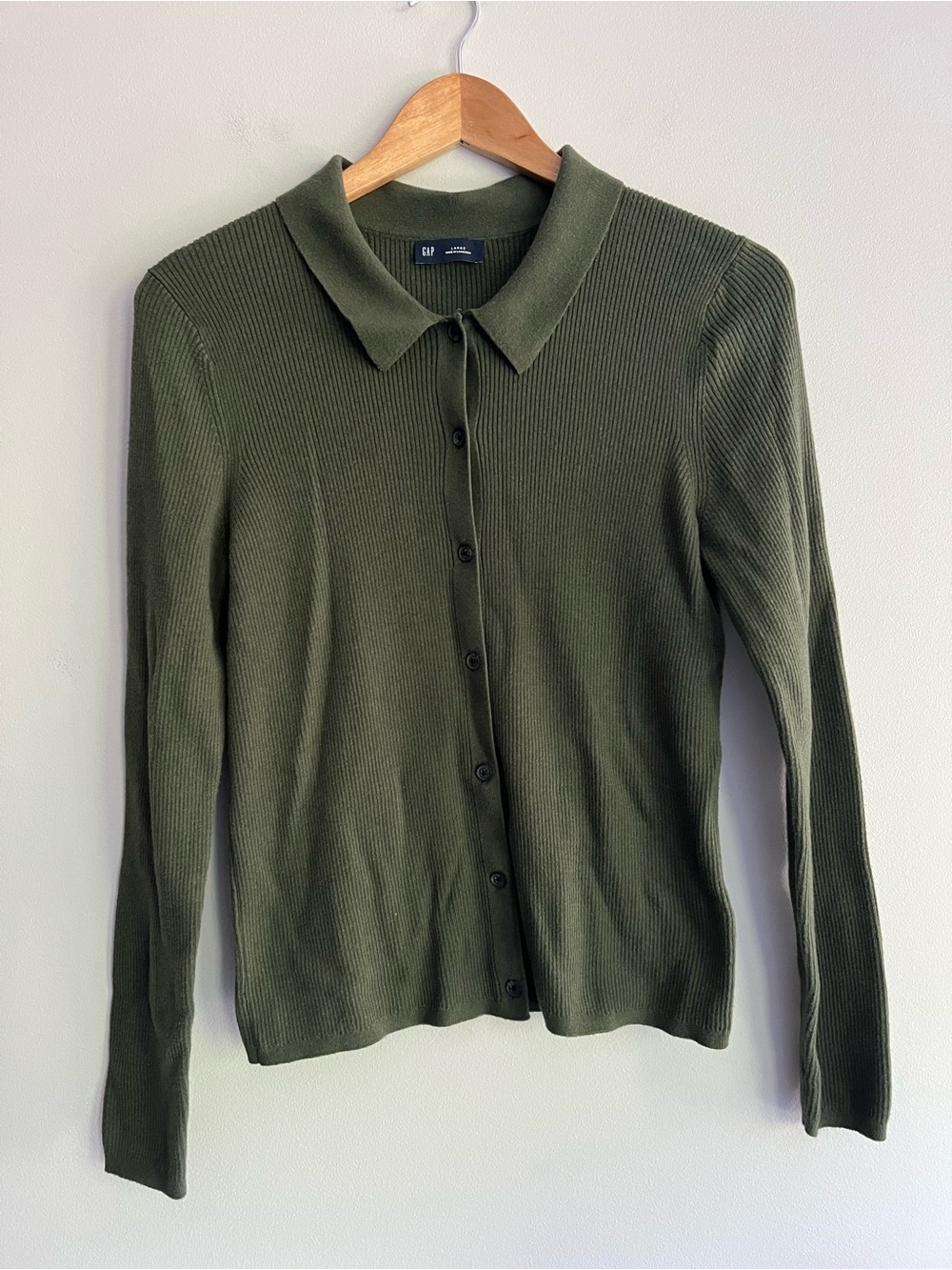GAP Thyme Green Fitted Ribbed Button-Up Collar Cardigan Large